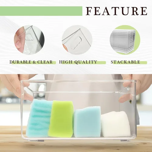 Vista 3 de Paquete de 4 cubos de almacenamiento de plástico transparente con asas, organizador apilable para despensa, refrigerador, debajo del fregadero