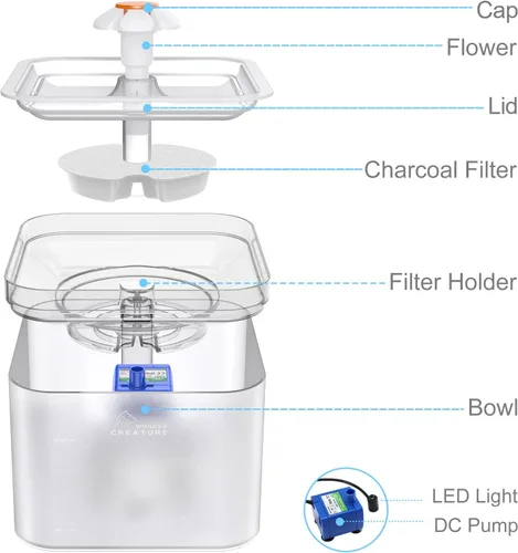 Vista 6 de Fuente de agua para gatos con 4 filtros y 4 esponjas, fuente de agua automática para gatos de 67 oz/2 litros, dispensador de agua para mascotas