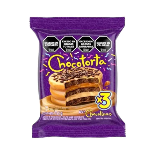Vista 2 de Chocolinas Triple Alfajor - Galletas de chocolate rellenas de Dulce de Leche y mousse, 71.5 g / 2.52 oz cada una (caja a granel de 21 unidades)