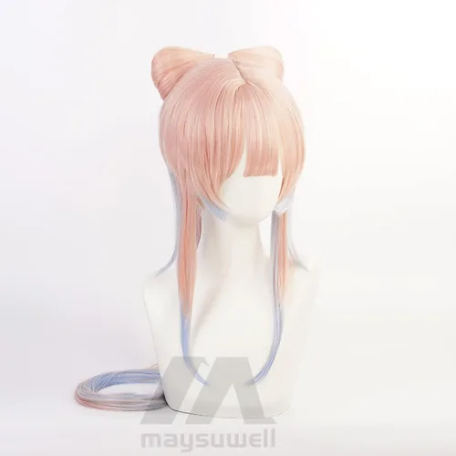 Vista 3 de Peluca de anime Genshin Impact Cosplay peluca Sangonomiya Kokomi de pelo largo rosa azul con gorra de peluca gratis para cómic, espectáculo