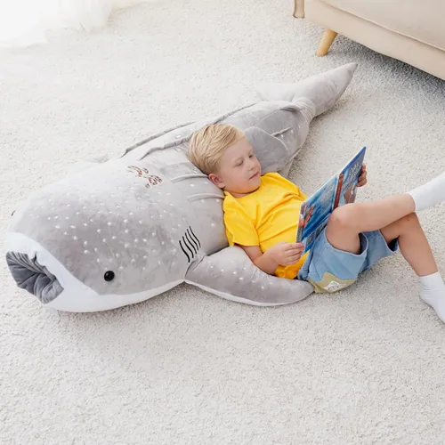 Vista 3 de Animal de Peluche Gigante de Tiburón Ballena Gris de 48 Pulgadas Tiburón Ballena Abrazable Peluche Almohada de Tiburón para Niños y Adultos, Regalo
