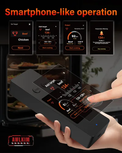 Vista 9 de Termómetro inalámbrico para carne con Bluetooth y aplicación, pantalla táctil, alarma audible, 2 sondas, alcance de 800 pies y base recargable