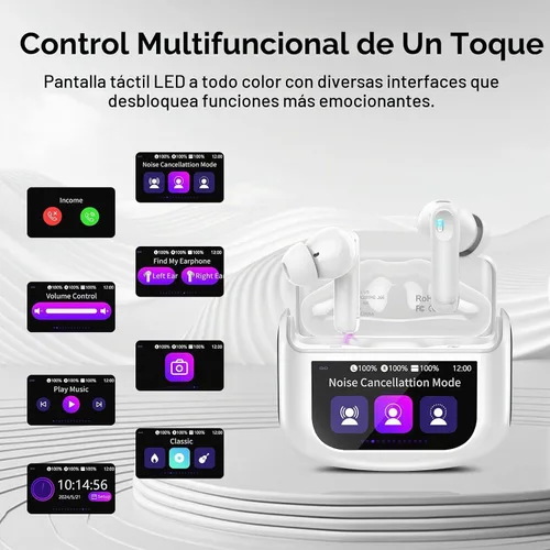 Vista 4 de Auriculares inalámbricos, auriculares Bluetooth 5.4 con pantalla táctil multifunción y 5 modos de ecualización, auriculares de 48H con graves