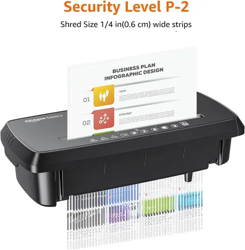 Vista 4 de Amazon Basics Trituradora de papel cortado en tiras de 8 hojas, CD y tarjetas de crédito con apagado automático, diseño compacto, portátil, sin