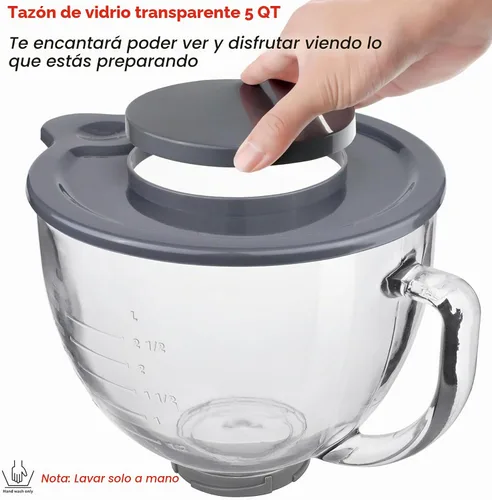 Vista 2 de Cuenco mezclador de vidrio accesorio de 5 cuartos de galón - Compatible con batidoras de pie KitchenAid de 4.5 y 5 cuartos de galón con cabezal