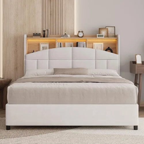 Vista 7 de REVOMINCA Marco de cama de tamaño completo con cabecero, marco de cama tapizado de terciopelo con luces LED, plataforma de tamaño completo