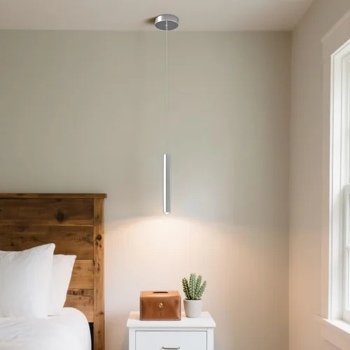 Vista 6 de Modernas lámparas colgantes LED cromadas de tubo largo, paquete de 2 lámparas colgantes para dormitorio, comedor, bar, cocina, isla, luz colgante