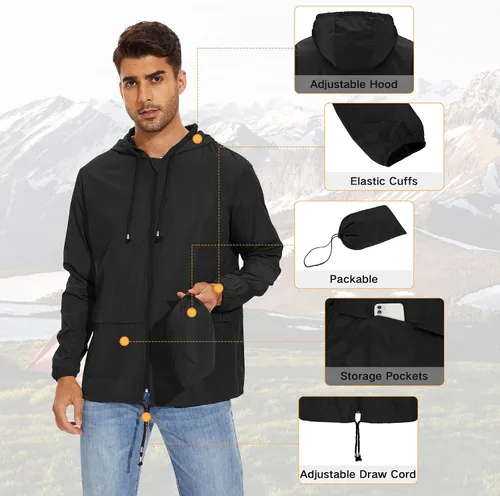 Vista 6 de American Trends Chaqueta impermeable para hombre, ligera, plegable, con capucha, cortavientos
