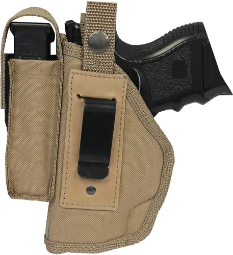 Vista 3 de Funda Barsony Desert Sand OWB con bolsa para cargador para pistolas compactas subcompactas de 0.354 in .40 .45