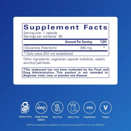 Vista 2 de Pure Encapsulations L-Glutamina 850 mg Suplemento para el apoyo inmune y digestivo, salud intestinal y reparación del revestimiento, impulso