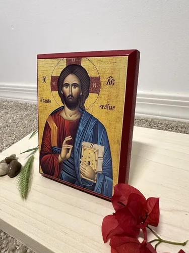 Vista 4 de Icono cristiano ortodoxo griego de madera Jesucristo el Pantocrátor (4 "x 5")