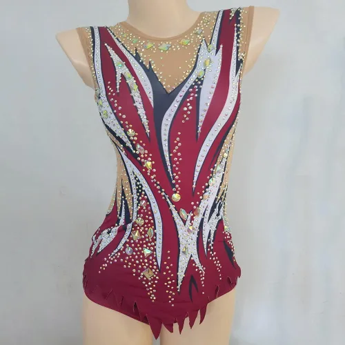 Vista 3 de LIUHUO Leotardo de gimnasia rítmica con patrón de diamantes rojos para niñas, sin mangas, rendimiento de competición
