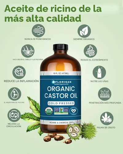 Vista 5 de Florisan Aceite de ricino orgánico certificado por USDA, botella de vidrio de 16 onzas, prensado en frío, sin hexano, sin OMG, vegano, 100% puro