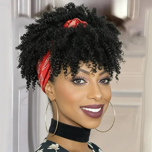 Vista 10 de Aisaide Peluca de Diadema Afro Rizada Crespa, Pelucas Afro Negras Cortas para Mujeres Negras, Peluca Sintética Rizada Crespa con Diadema y Flequillo