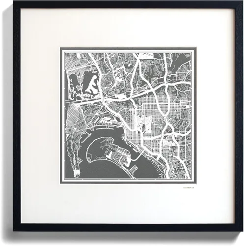 Vista 4 de O3 Design Studio San Diego, CA Paper Cut Map Matted Grey 20x20 in Paper Art