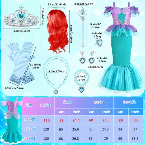 Vista 2 de Disfraz de sirena de princesa de 2 piezas, vestido de fiesta de carnaval, Halloween, cumpleaños, vestido con accesorios