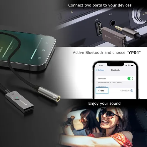 Vista 5 de Adaptador Bluetooth 5.3 a auxiliar para automóvil o amplificador, USB a receptor Bluetooth hembra de 0.138 in, compatible con altavoz con cable