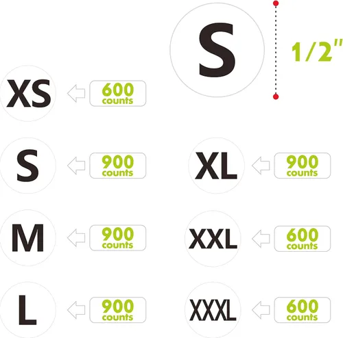 Vista 2 de 5400 etiquetas adhesivas redondas para ropa, paquete en 7 tamaños (XS, S, M, L, XL, XXL, XXXL), 1/2 pulgadas de diámetro