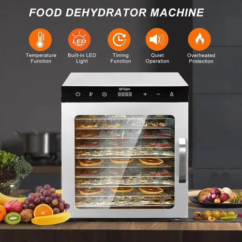 Vista 3 de ze - Máquina secadora para deshidratación de alimentos, secadora comercial de 1000 W, 10 bandejas de acero inoxidable, temperatura de 86 ℉ ~ 194 ℉