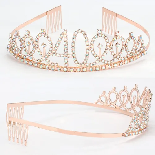 Vista 2 de Kit de corona de banda y diamantes de imitación para cumpleaños número 40, regalos de cumpleaños número 40 para mujeres (AB oro rosa)