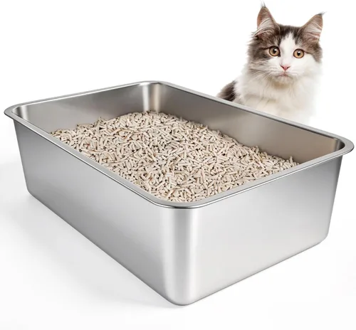 Vista 10 de IKITCHEN Caja de arena de acero inoxidable para gatos, bandeja de arena de metal grande para gatos, caja de arena para gatos nunca absorbe olores