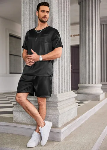 Vista 8 de Ekouaer Conjunto de pijama de manga corta para hombre, satén