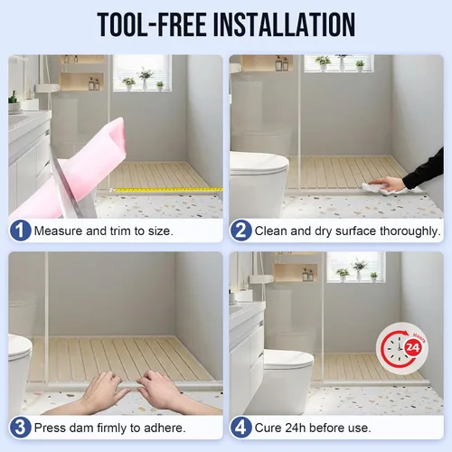 Vista 7 de Protector de agua para umbral de ducha, (39 pulgadas), barrera de silicona plegable para duchas a ras de suelo, tapón de agua autoadhesivo para piso