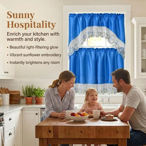 Vista 8 de YHSF Set de cortinas de cocina de 3 piezas con cenefa - Juego de cortinas de ventana de 2 niveles y cenefa con diseño de bolsillo para barra