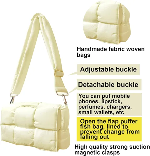 Vista 3 de Bolso de hombro para mujer, bolso de casete acolchado de algodón tejido a mano