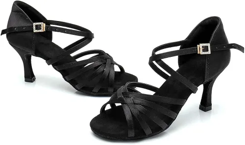 Vista 3 de RoseMoli Zapatos de baile latino para mujer, de satén, profesional, para sala de baile, salsa, práctica, rendimiento