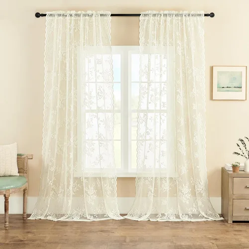 Vista 24 de Cortinas de encaje beige, juego de 2 paneles de cortinas traslúcidas con bolsillo para cortinero, decoración de ventana pequeña, baño, sótano