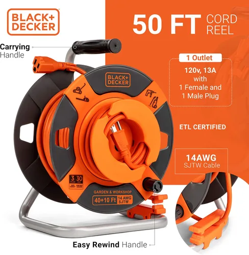 Vista 2 de BLACK+DECKER - Carrete de cable de extensión retráctil inversa de 50 pies Cable SJTW de 14 AWG, mango de rebobinado resistente, ideal