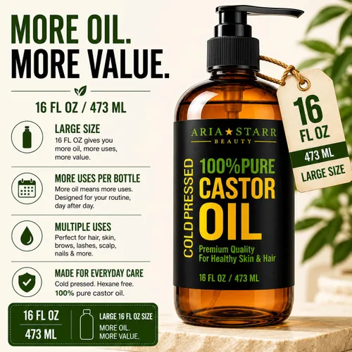 Vista 8 de Aceite de ricino prensado en frío de Aria Starr. 16 fl oz. El mejor y 100 % puro aceite de ricino para el crecimiento del cabello, el rostro