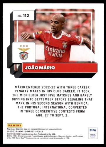 Vista 2 de 2022-23 Donruss FIFA Soccer #112 Joao Mario SL Benfica Official Panini Trading Card (Stock Photo Shown, card in near mint to mint condition)
