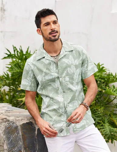 Vista 5 de COOFANDY Camisas florales hawaianas de algodón y lino con botones tropicales para hombre