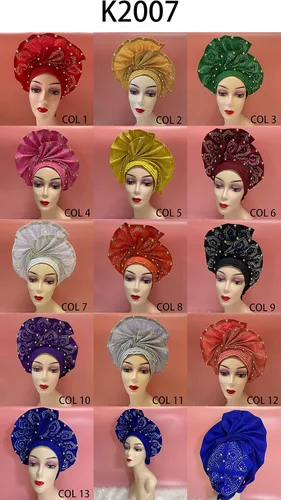 Vista 7 de Diadema de gel Nigeriano Aso Oke Auto con cuentas y piedras ya hechas africanas para mujer