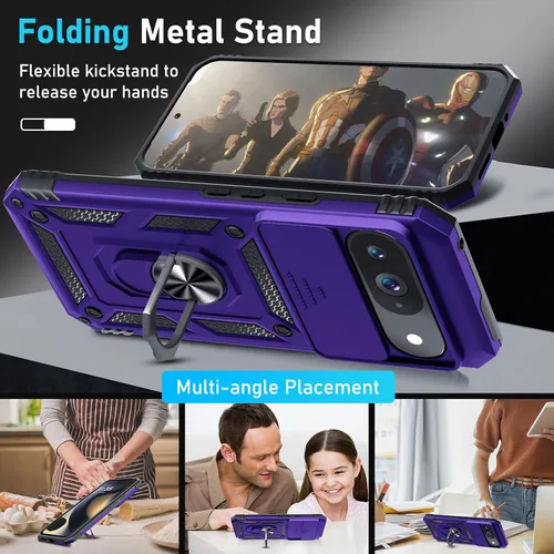 Vista 2 de Funda Janmitta Compatible con Google Pixel 9/9 Pro con cubierta deslizante para lente de cámara incorporada + protector de pantalla + soporte