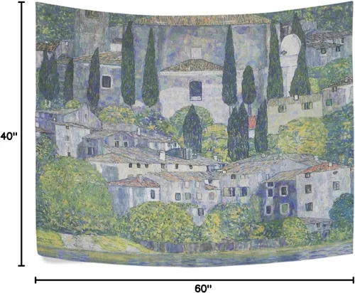 Vista 8 de AHOMY Tapiz artístico de Gustav Klimt Church in Cassone, tapiz para colgar en la pared, paisajes naturales, tapices para sala de estar, dormitorio