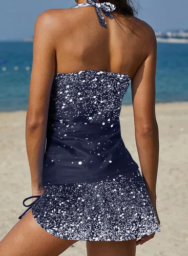 Vista 3 de REKITA Trajes de baño sexy tankini con falda, anillo en O, tankinis de 2 piezas, trajes de baño de bloque de color para mujer