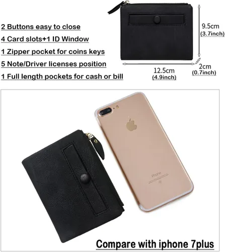 Vista 7 de PofeeXIO Carteras pequeñas Rfid para mujer, billetera plegable con bolsillo para monedas, mini monedero suave y compacto, Negro oscuro, Minimalista