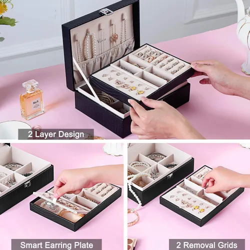 Vista 3 de Voova - Joyero organizador para mujeres y niñas 2 capas de almacenamiento de joyas grandes para hombres soporte para joyas de piel sintética