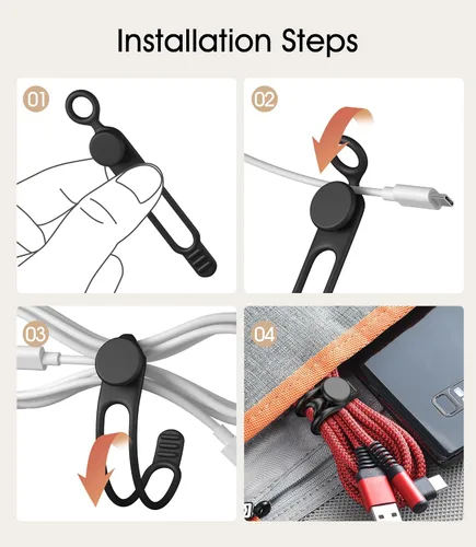 Vista 4 de 20 bridas de silicona para cables de 3 pulgadas, organizador de cables reutilizables pequeños para cables de carga, auriculares, cables de Negro