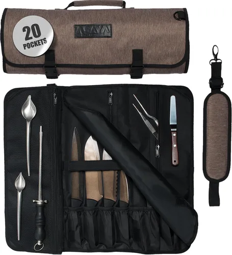 Vista 10 de Asaya Bolsa enrollable para cuchillos de chef, 20 bolsillos en total para cuchillos y utensilios de cocina, fabricada con nailon encerado resistente