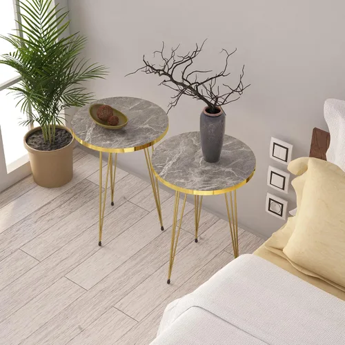 Vista 15 de Juego de 2 mesas auxiliares redondas de madera para sofá para espacios pequeños, mesita de noche con patas de metal para dormitorio, sala de estar