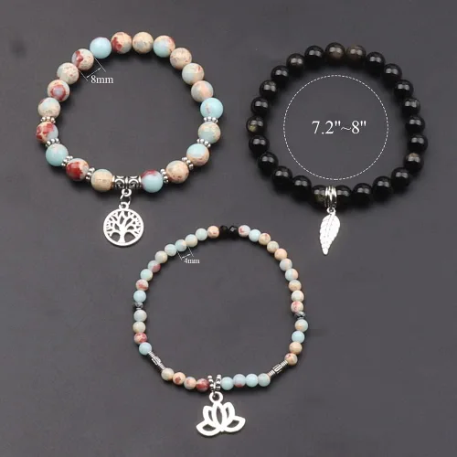 Vista 2 de UEUC - Pulseras Reiki, apilables, de piedras curativas, cristales, con dije del árbol de la vida, yoga y hoja de loto, contra la ansiedad