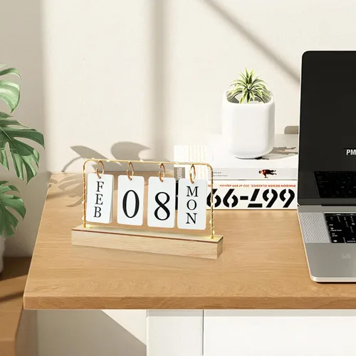 Vista 3 de Calendario perpetuo de madera abatible con soporte de metal dorado con papel calendario diario mensual con luz para la oficina diaria, decoración