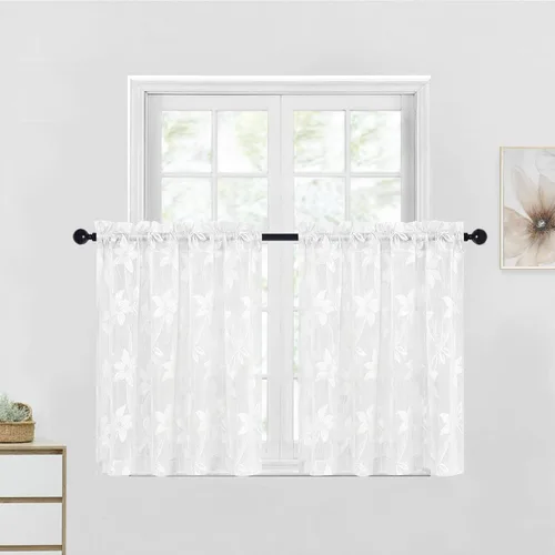 Vista 11 de DWCN Paquete de 2 cortinas traslúcidas pequeñas de encaje floral beige para cocina, cortinas traslúcidas ligeras con bolsillo para barra, cortinas
