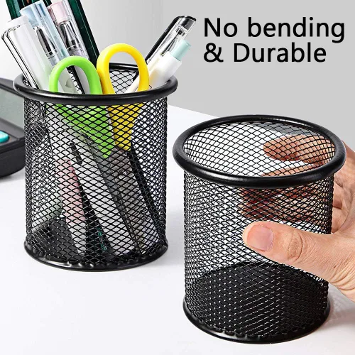 Vista 5 de Ameceres Paquete de 4 soportes de malla de alambre para lápices, vasos de metal, estuche organizador de bolígrafos, tarro negro para oficina y hogar