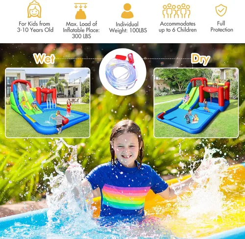 Vista 4 de BOUNTECH Tobogán acuático inflable, 7 en 1 doble tobogán para niños, parque acuático para niños, toboganes de agua inflables para exteriores