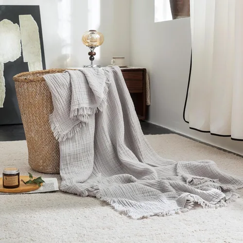 Vista 24 de FOSSA Manta de Muselina con Flecos - Gasa de Algodón 100% de 4 Capas Súper Suave y Transpirable - Manta Decorativa Ligera y Refrescante para Cama